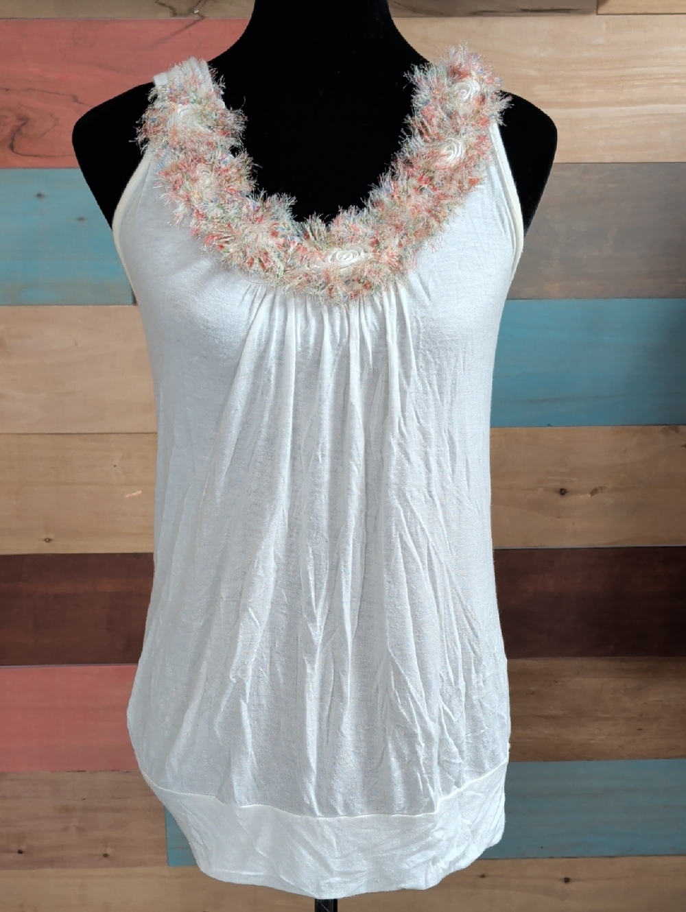 Lavish White Tank with Pastel Fringe Scoop Neck
